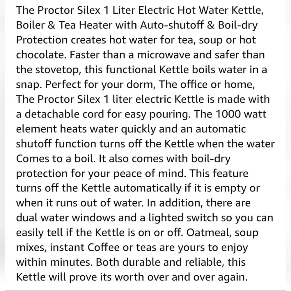 Proctor Silex Electric Tea Kettle, Water Boiler & Heater Auto-Shutoff & Boil-Dry